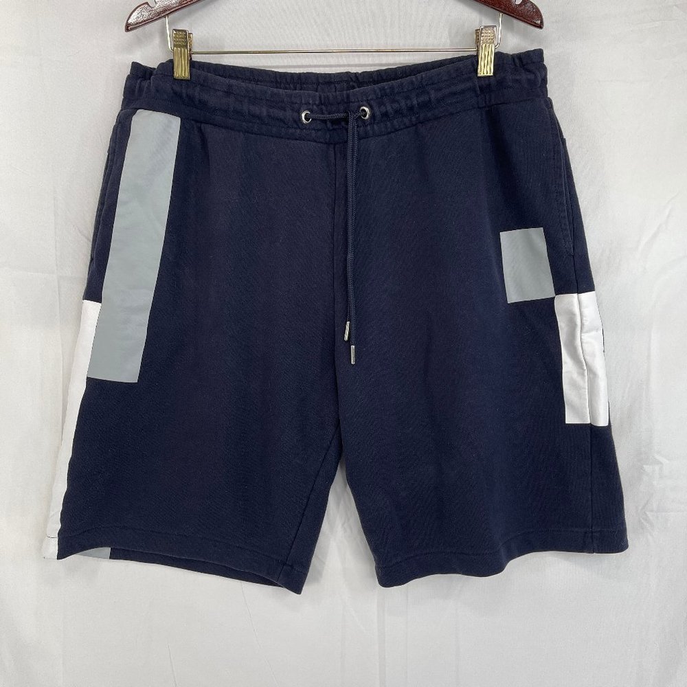 Men's H&M Block Print Comfy Gym Shorts Size Large Navy Blue Cotton Polyester
